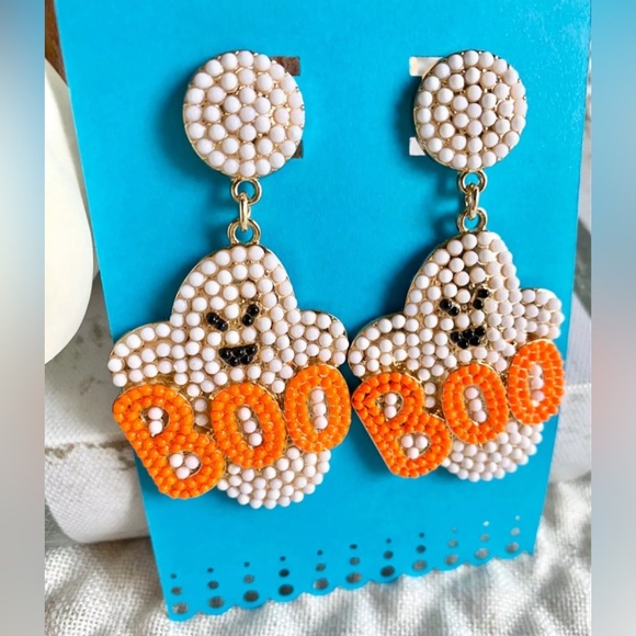 New Spooky Halloween Orange Boo Ghost Faux Pearl Beaded Statement Earrings - Picture 4 of 5